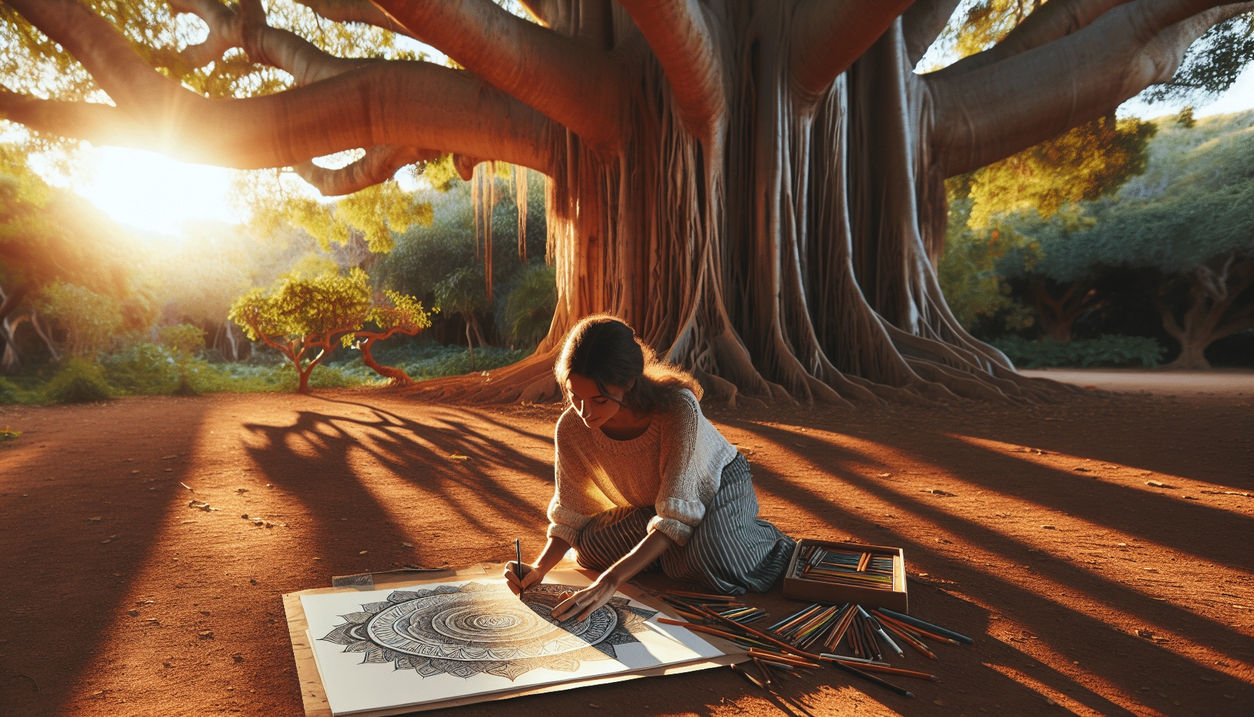 Kunstenaar schetst mandala in rustige, door zonsondergang verlichte natuur