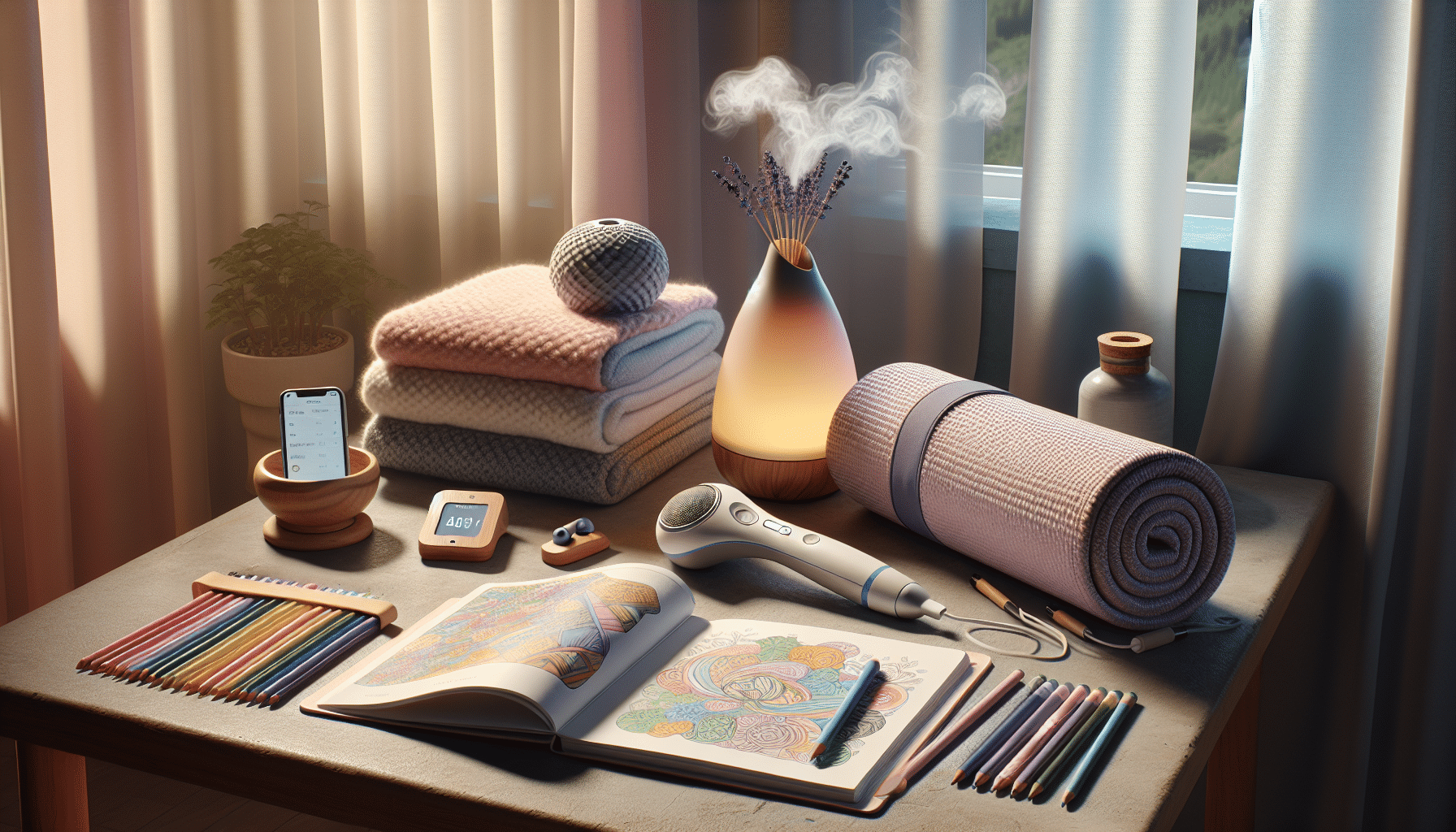 Assorted stress-relief products in a serene environment