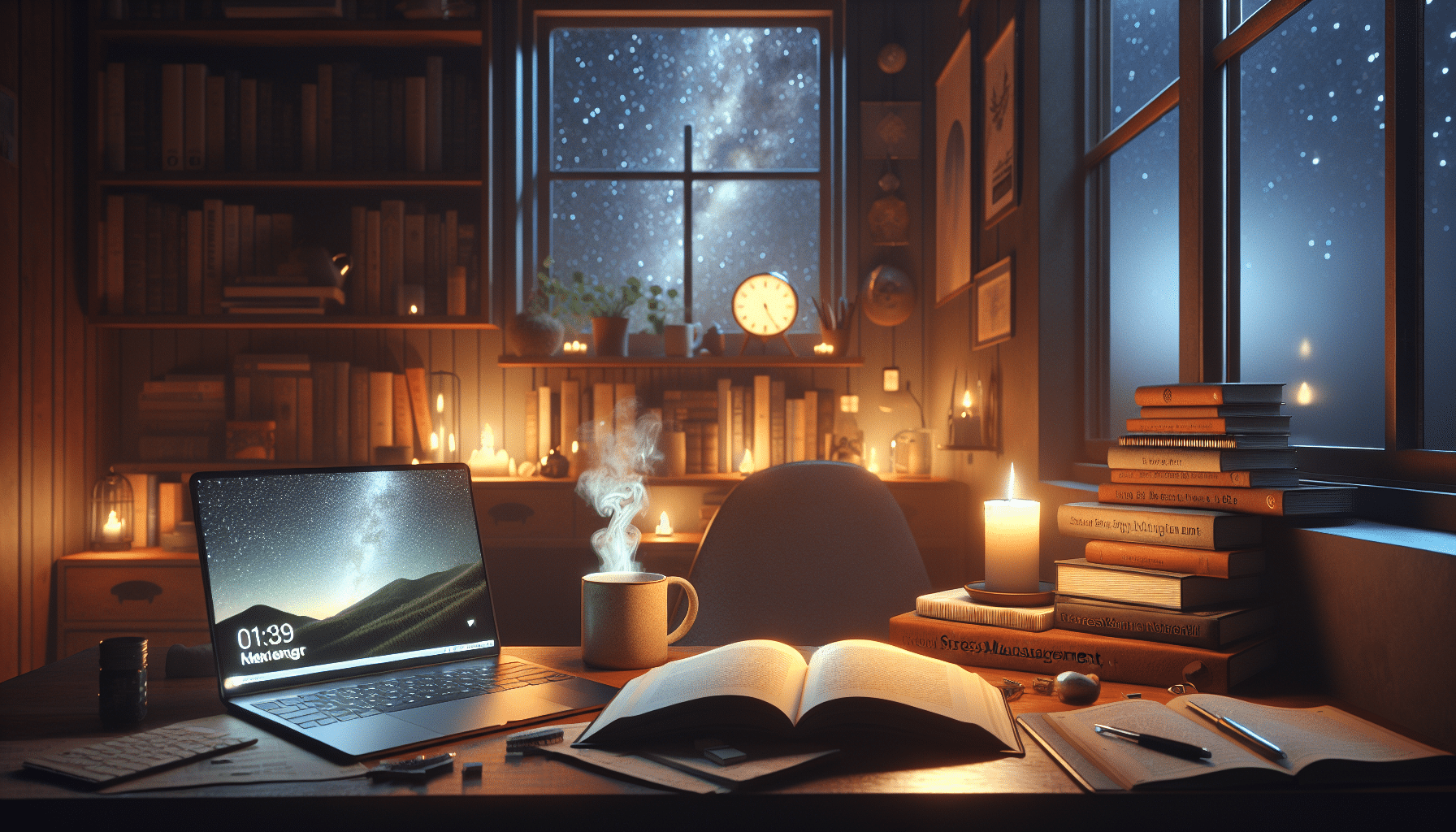 Cozy night study with stress relief essentials