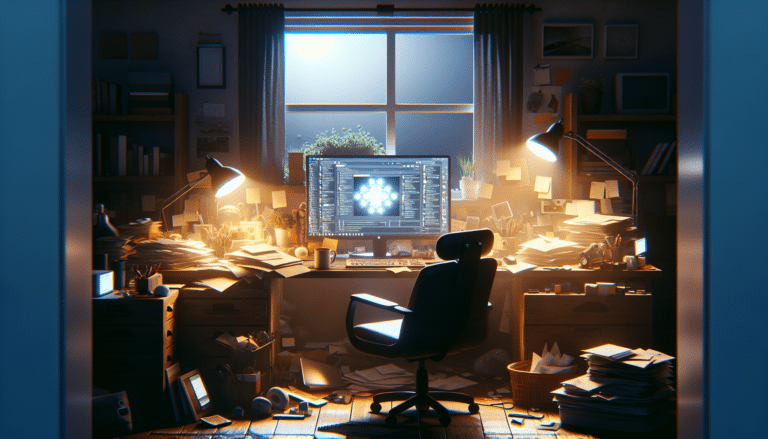 Gezellig kantoor met rommelig bureau, digitale plant en rustgevend spel.