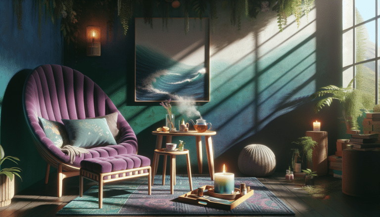 Cozy reading corner with tranquil oceanic and forest tones