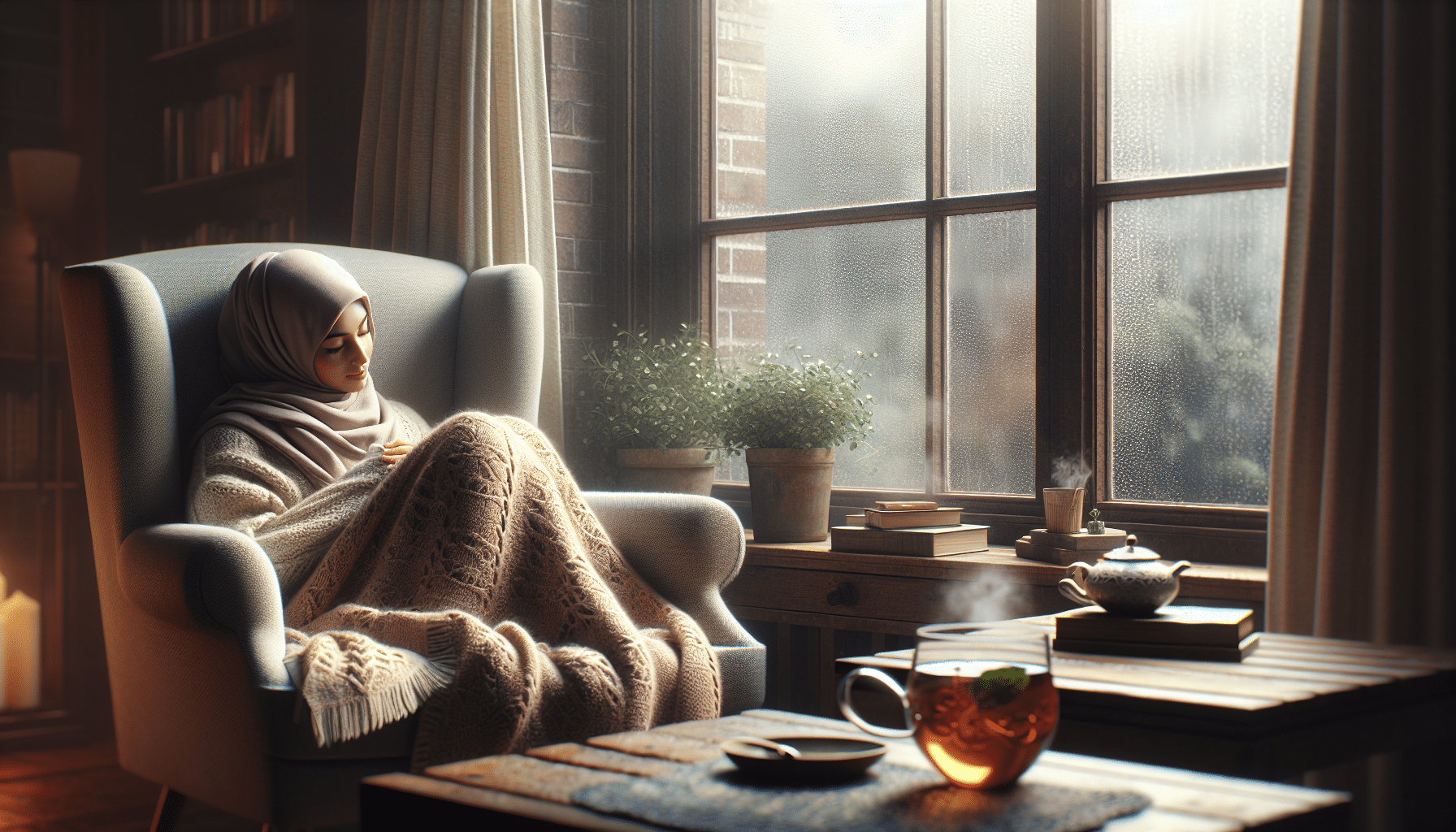 Cozy solitude with tea, books, and rain view