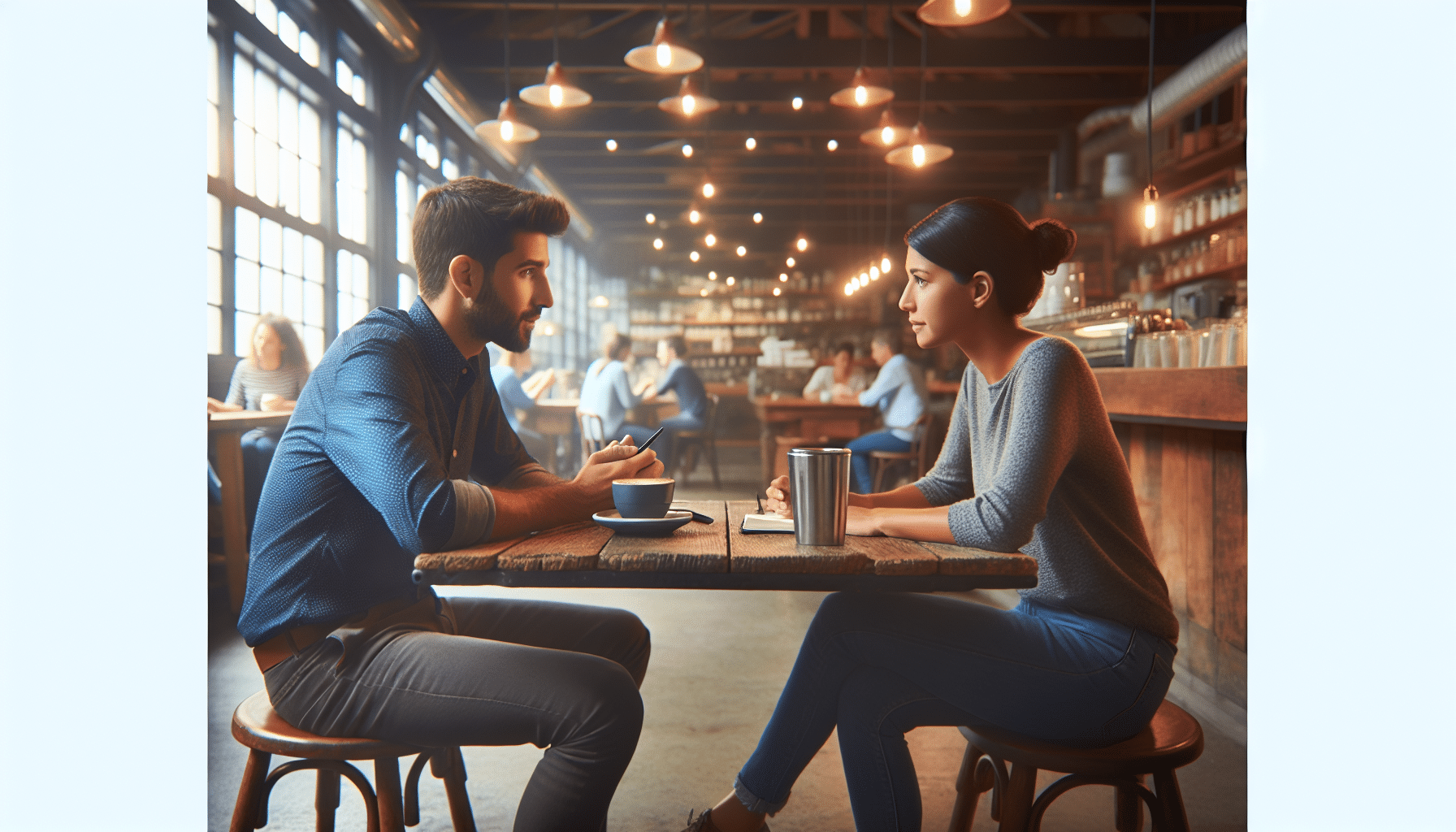 Deep conversation in a buzzing, rustic coffee shop.