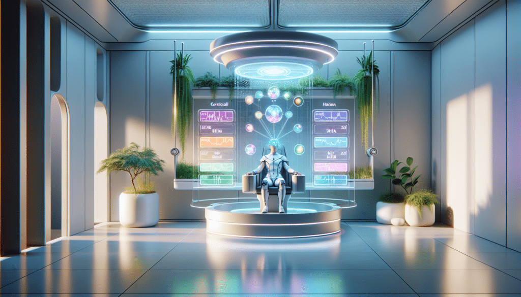Futuristic wellness monitoring in serene, nature-infused lab