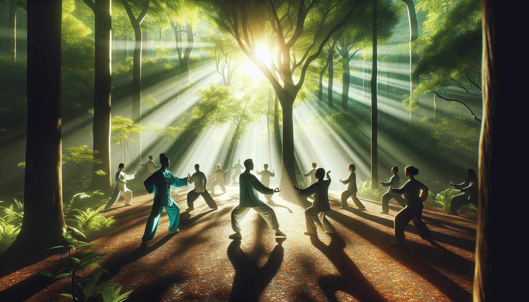 Group practicing tai chi in sun-drenched forest clearing