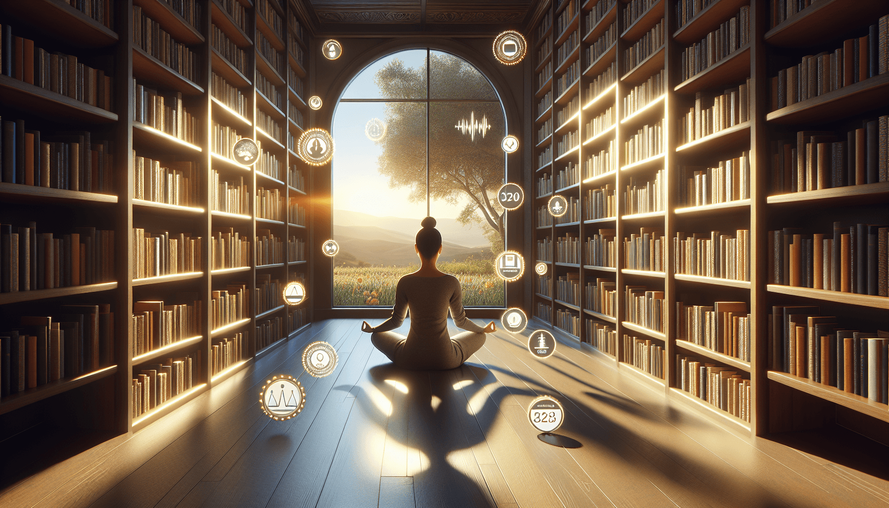 Meditation in tranquil library for stress management knowledge