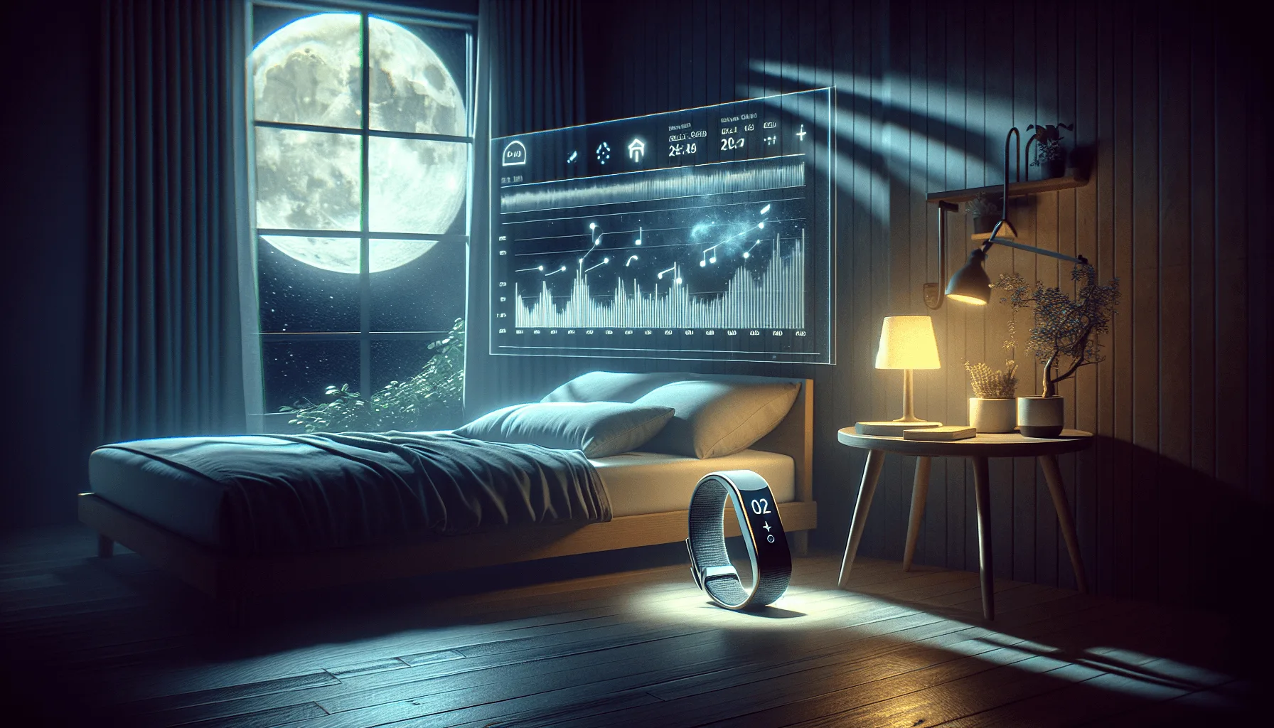 Dormitorio iluminado por la luna que muestra tecnología avanzada de seguimiento del sueño.