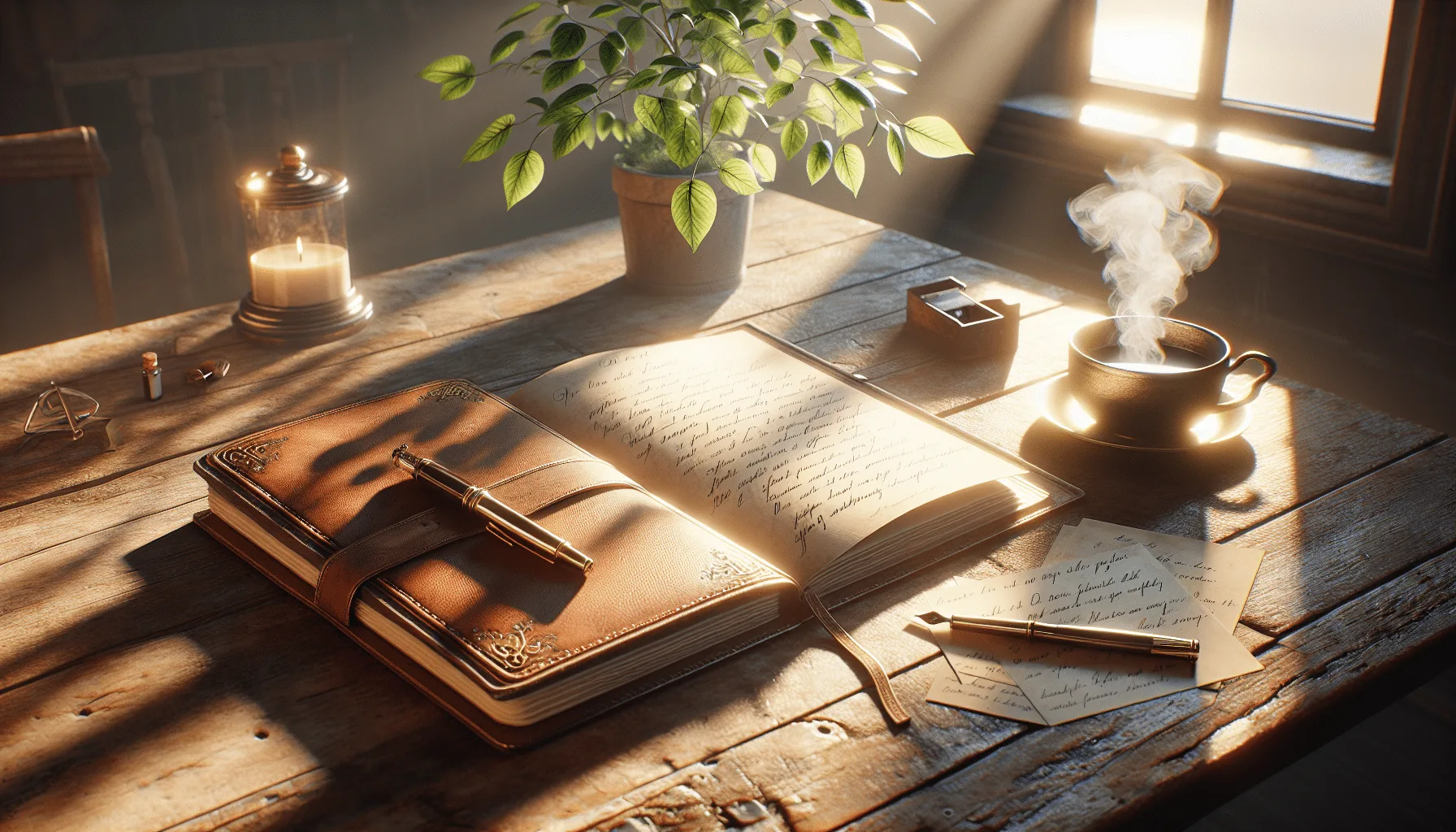 Serene morning writing scene with journal and coffee