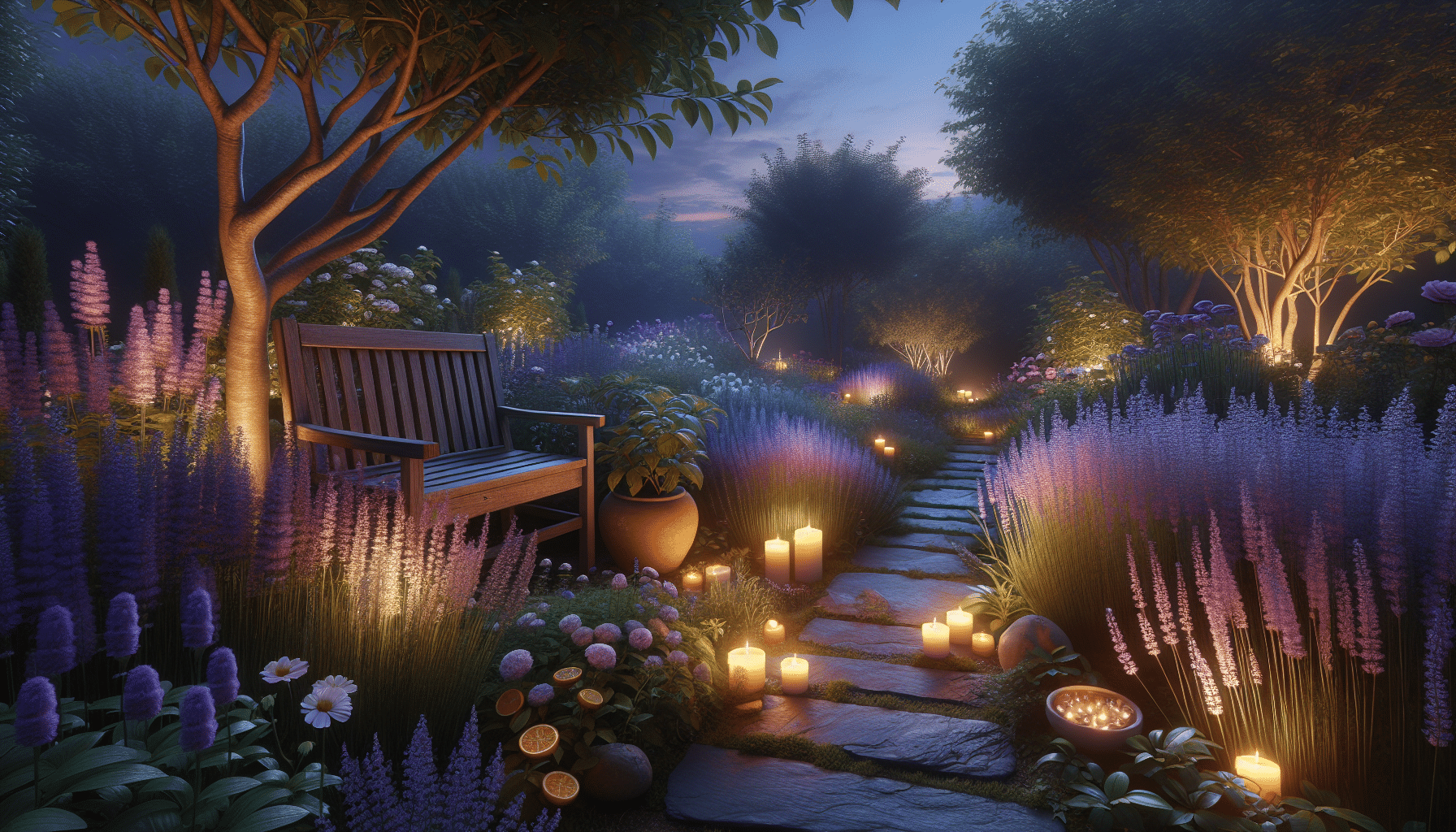 Tranquil twilight garden with blooming flowers and serene pond