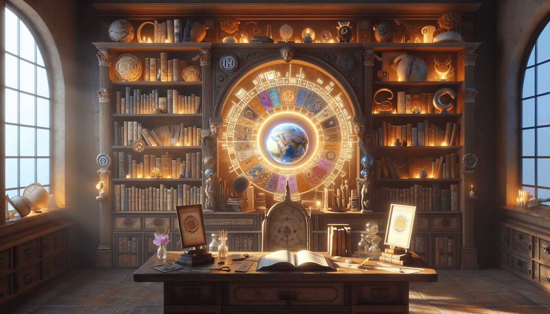 Whimsical library showcasing diverse personality tests artifacts