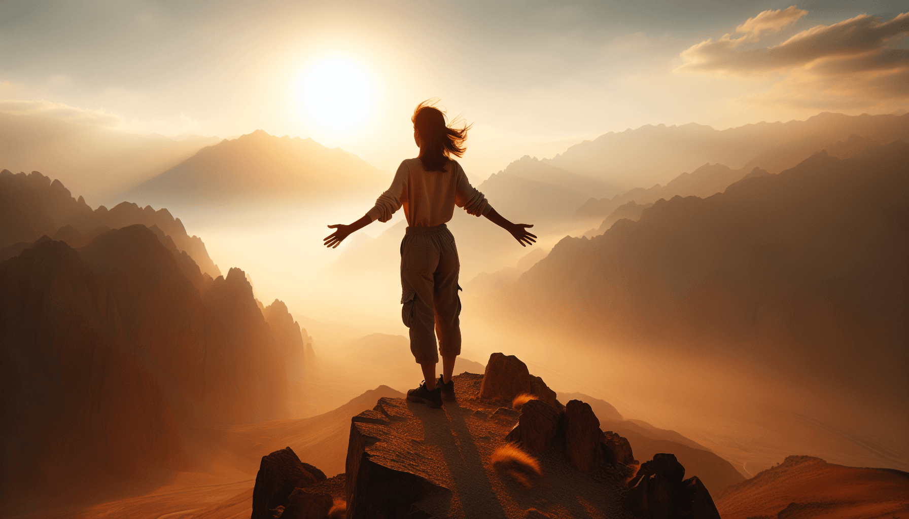 Vrouw omarmt eenzaamheid boven op mistige vallei bij zonsondergang