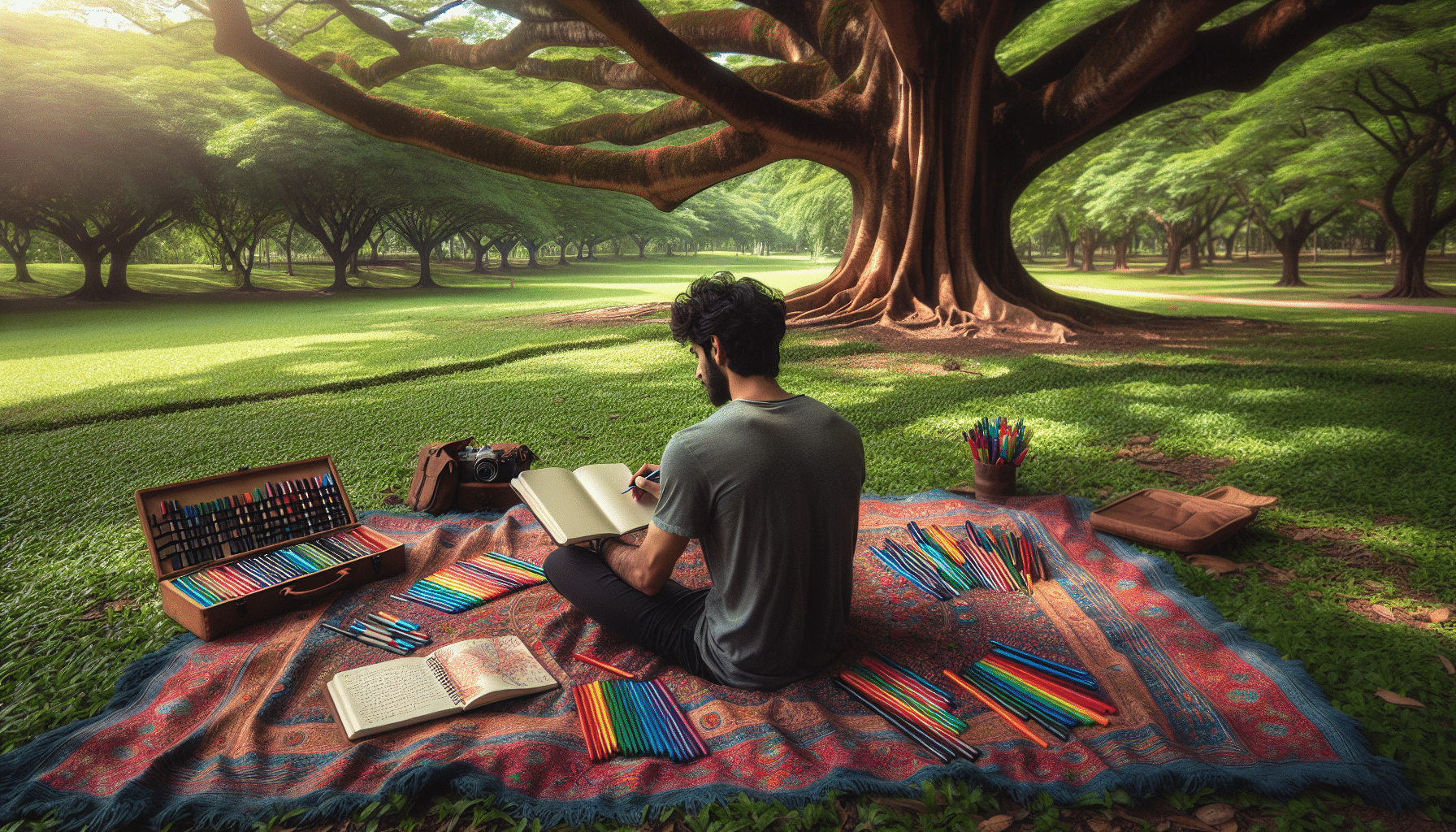 Jong individueel journaling in een serene parkomgeving.