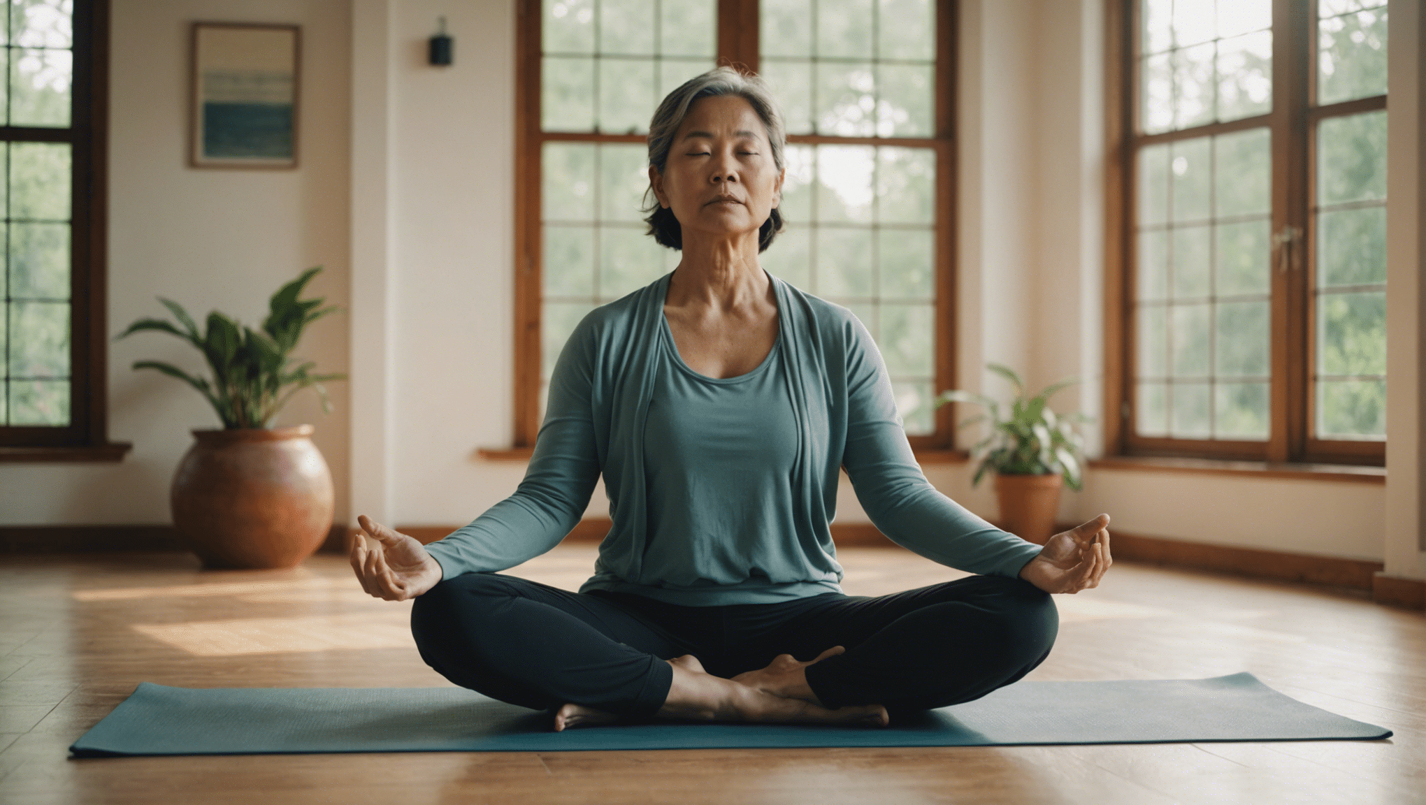 Asian woman practices diaphragmatic breathing in serene yoga studio