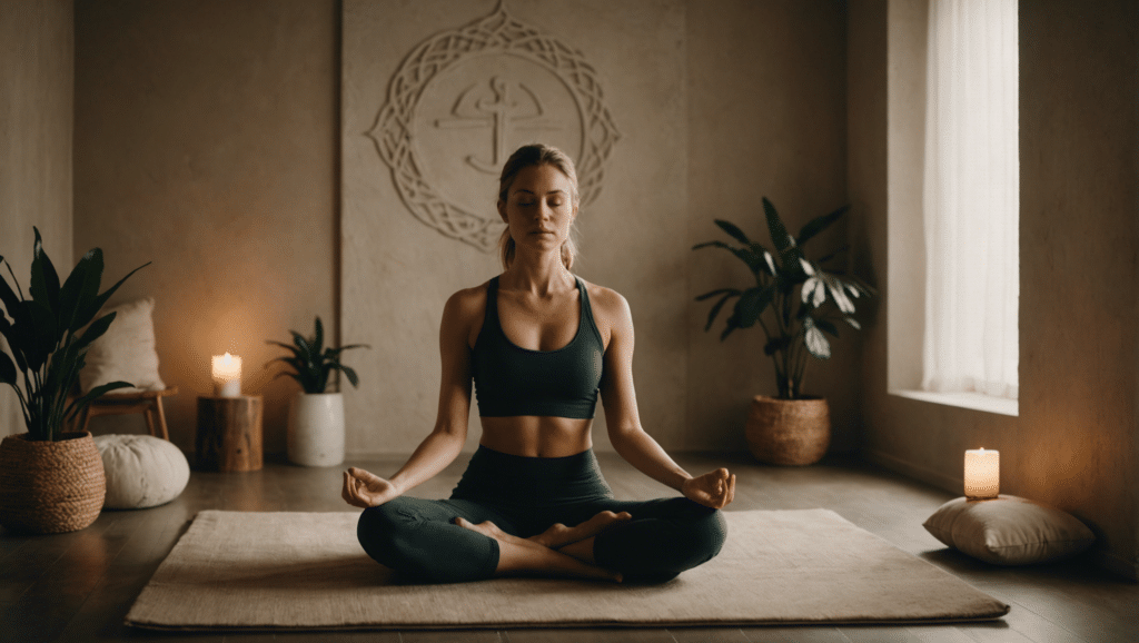 Caucasian woman practices diaphragmatic breathing in elegant meditation room