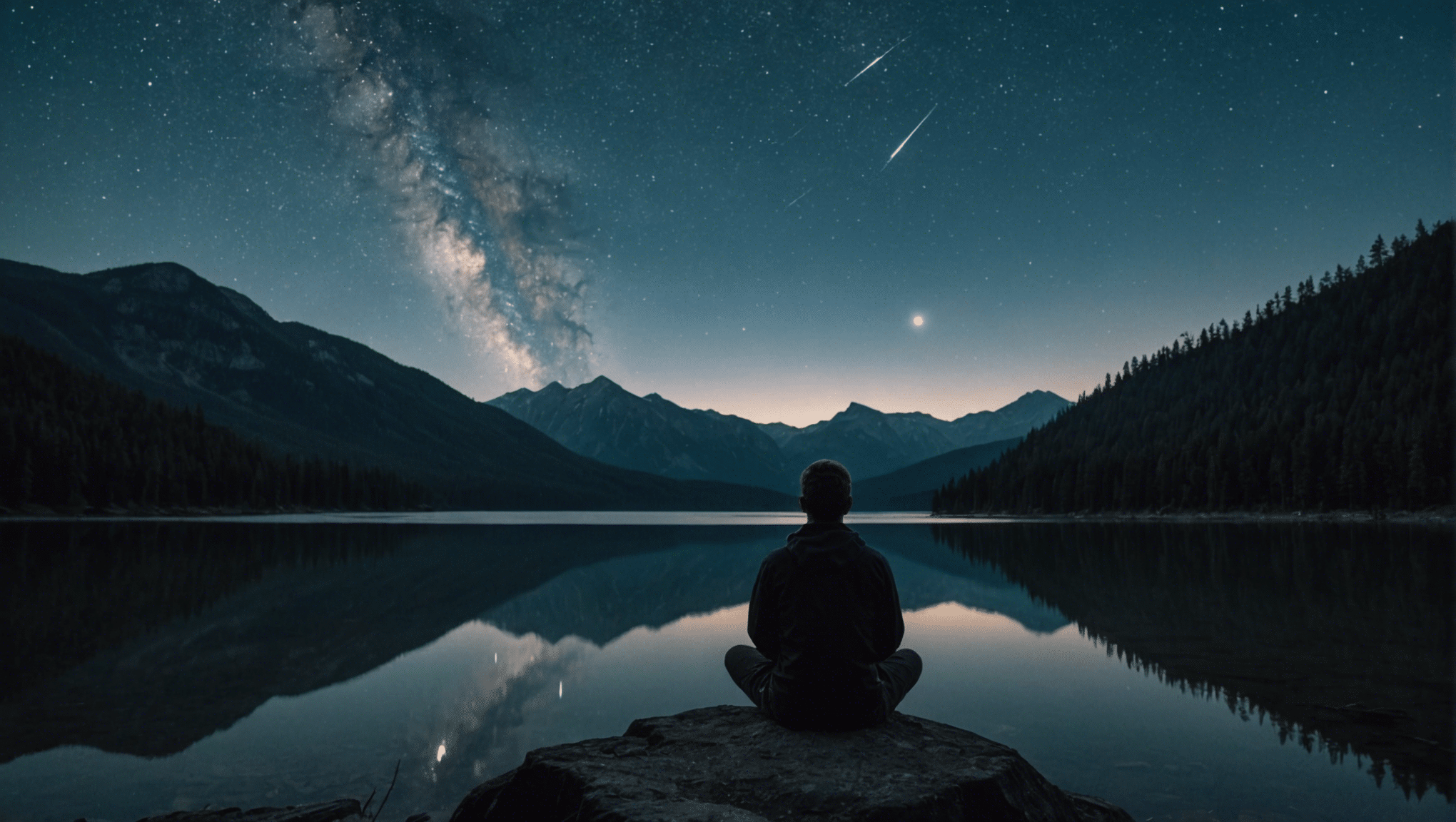Contemplatieve figuur zoekt eenzaamheid onder een met sterren verlicht berglandschap.