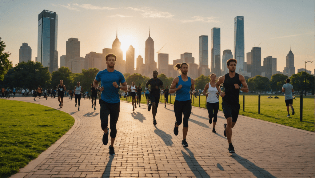 Diverse group exercising in urban park at sunset