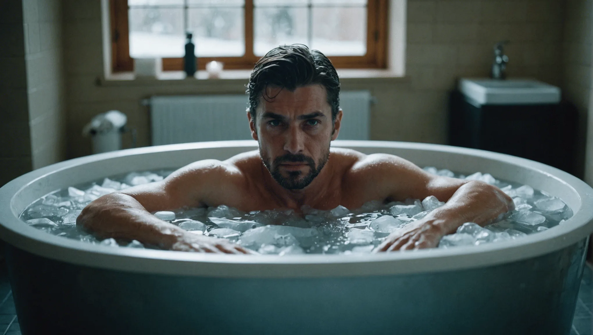 Focused individual braving ice bath for health benefits.