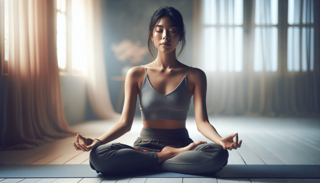 Individual practicing deep breathing exercises in yoga studio