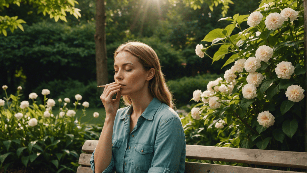 Individual practicing serene pursed lip breathing outdoors