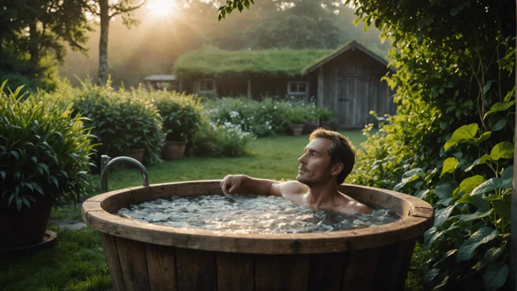 Morning ice bath ritual in serene garden setting