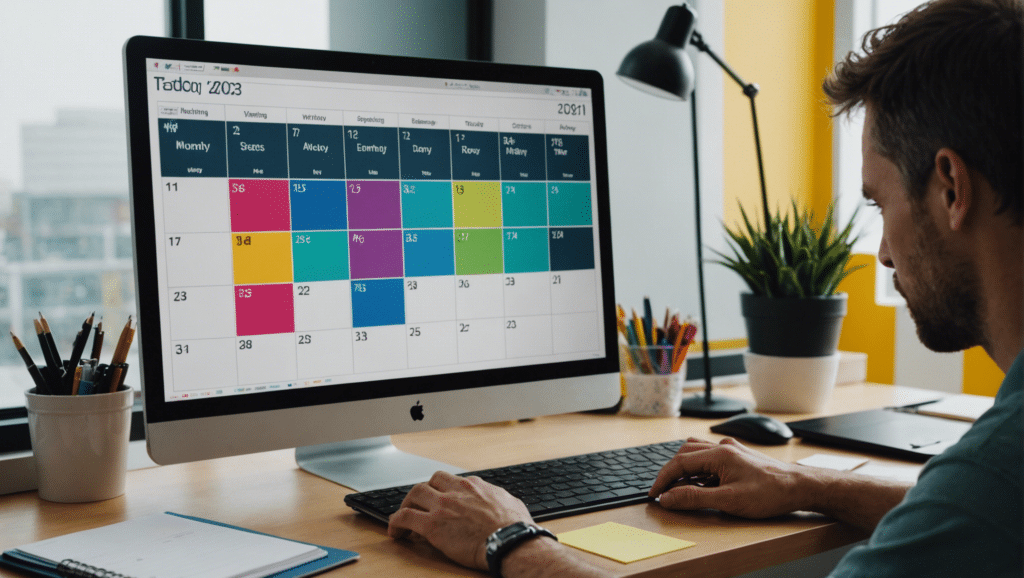 Organized desk with themed, color-coded weekly calendar.