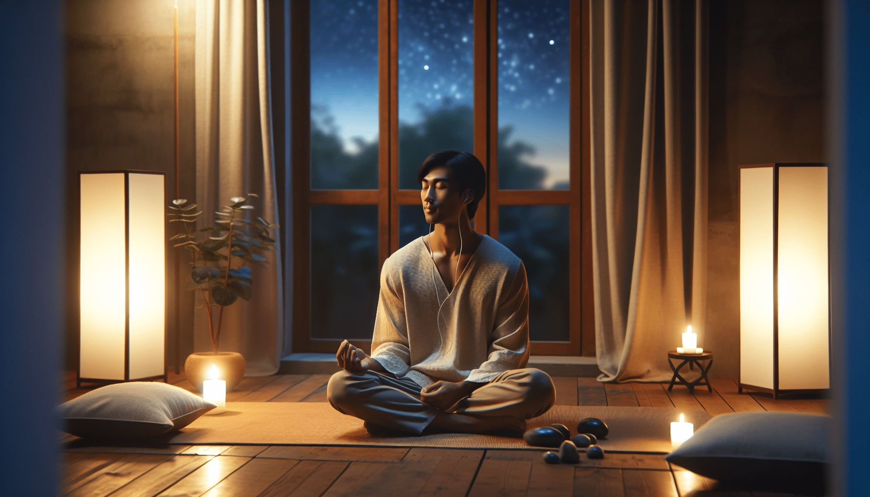 Person practicing guided imagery in tranquil atmosphere