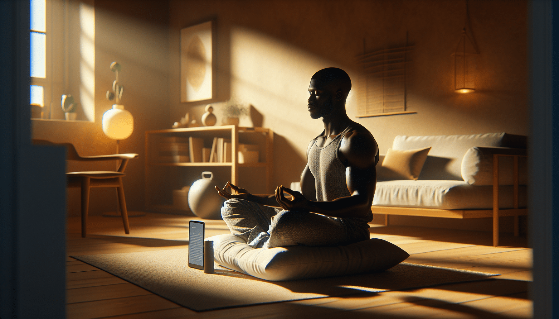 Person practicing guided meditation in tranquil home setting.