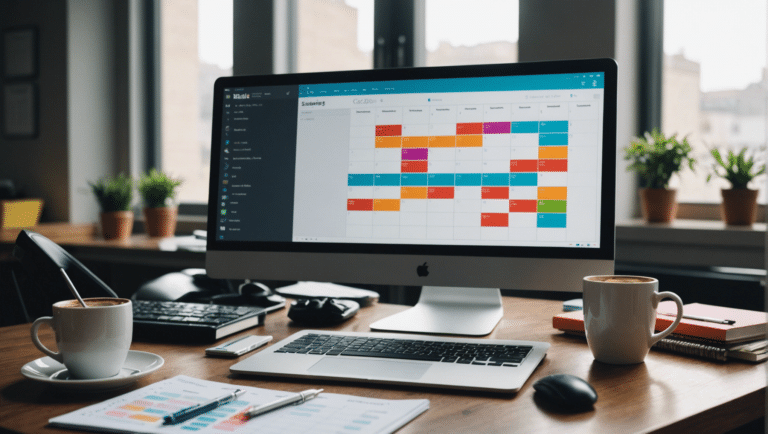 Productive workspace with detailed, color-coded digital calendar