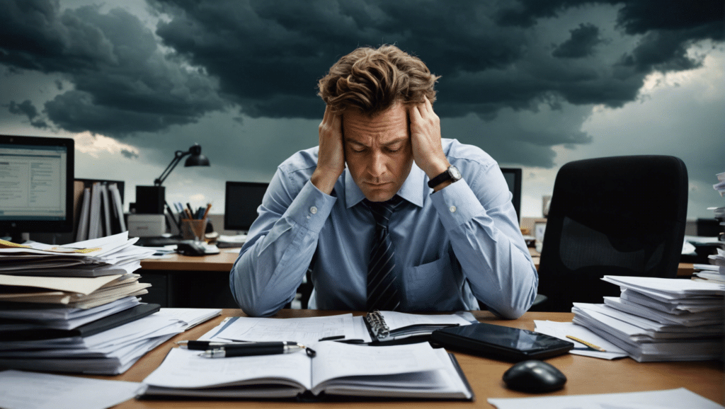 Gestresste kantoormedewerker benadrukt effecten van chronische stress op de gezondheid van de hersenen