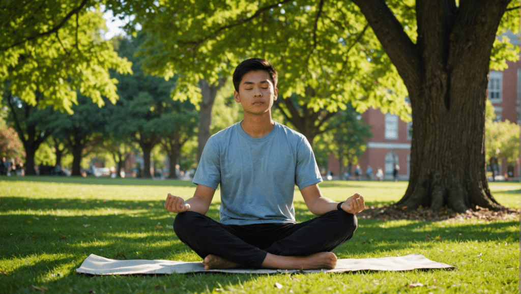 Student oefent mindful meditatie in rustige parkomgeving