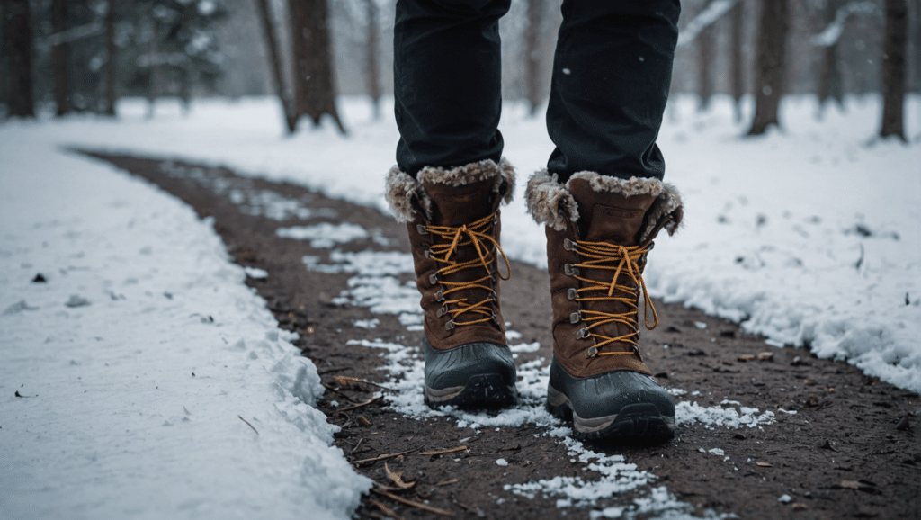 Walker in winter gear treads snowy path confidently