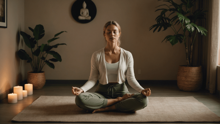 Jonge vrouw oefent mindful meditatie in serene kamer
