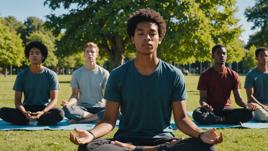 High school students practicing meditation in sunny park