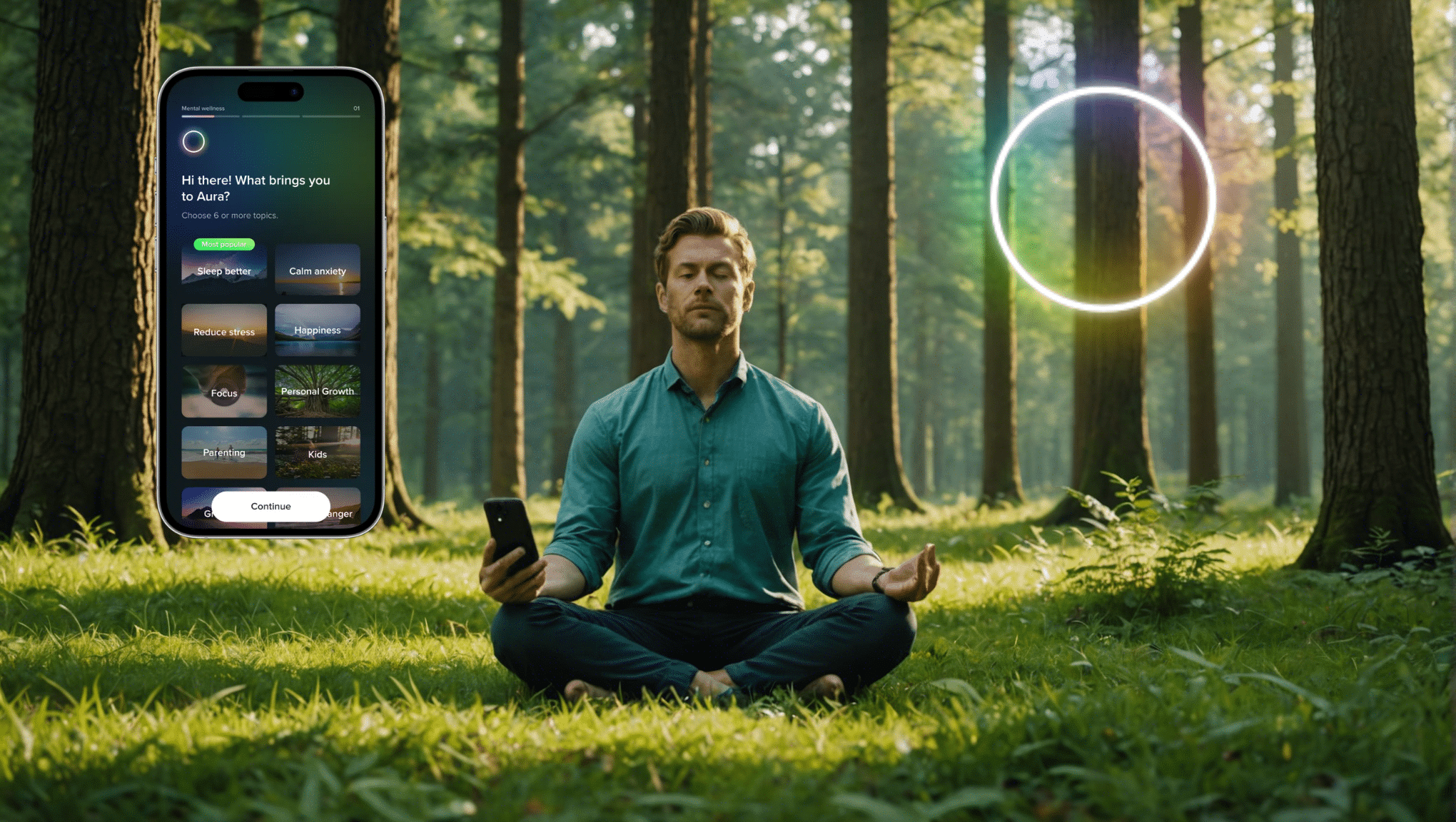 Meditating in serene forest using Aura Health app st
