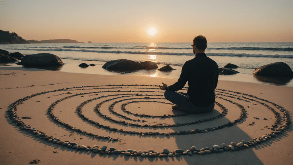 Mindfulness en cbt-technieken oefenen op een sereen strand