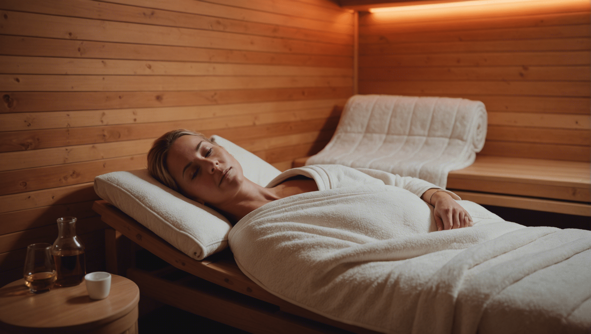 Ontspannen persoon geniet van infrarood sauna deken in sereen huis.