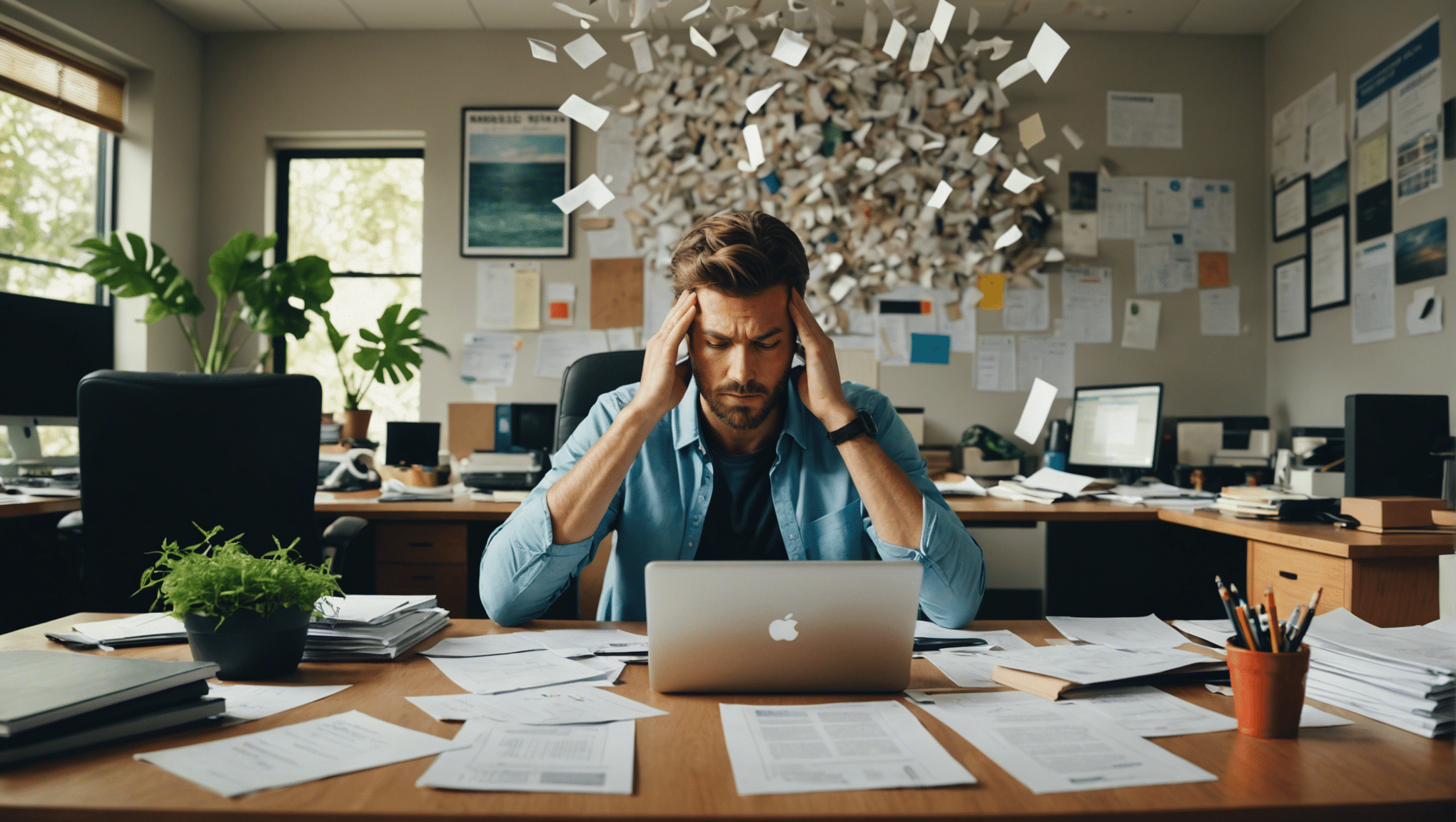 Stressed worker dreams of tranquility and anxiety relief.