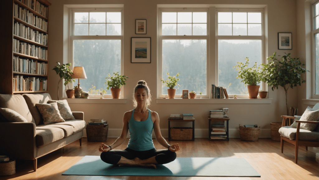 Sunlit room with yoga, tea, books, and garden view