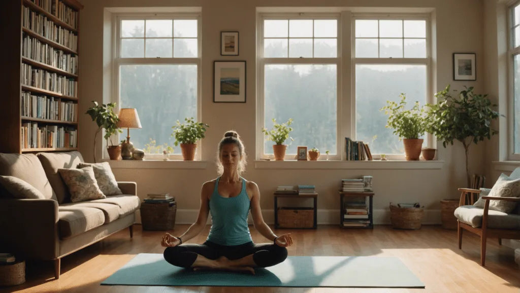 Zonovergoten kamer met yoga, thee, boeken en uitzicht op de tuin