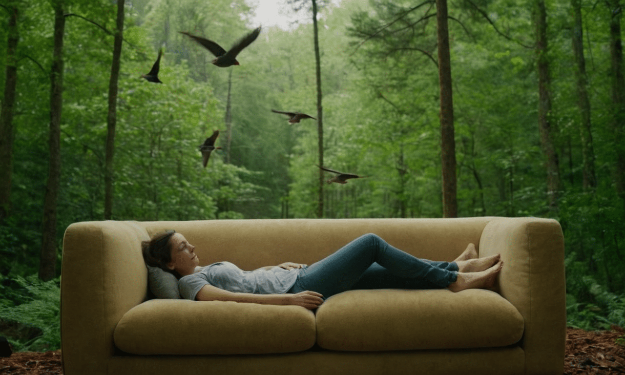 Kalm persoon omringd door sereen landschap met bosgeluiden