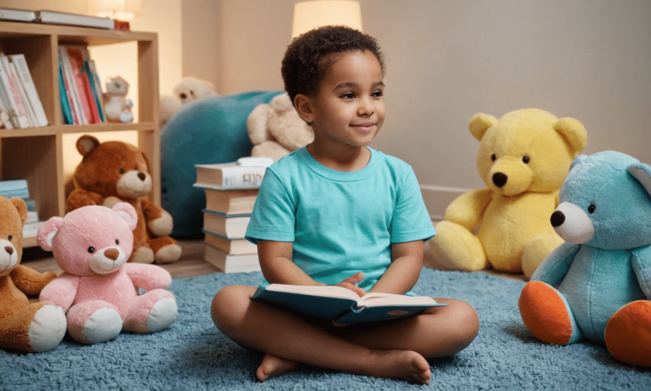 Child relaxes amidst soft toys and favorite books