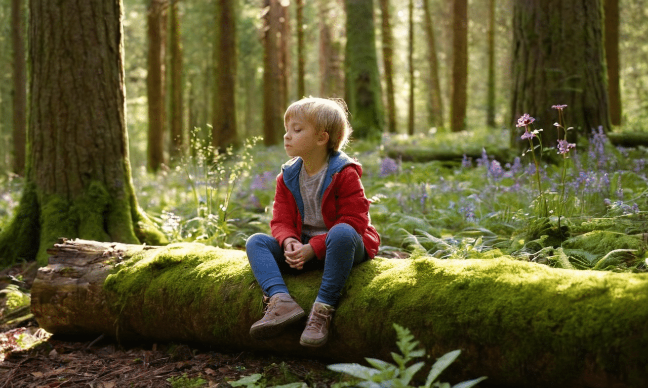 Child sits peacefully amidst lush forest surroundings