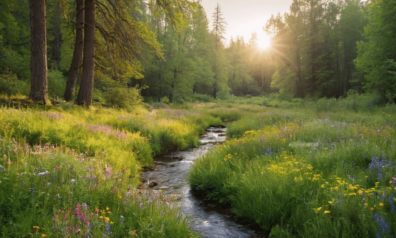 Gentle forest glade bathed in warm sunlight streams