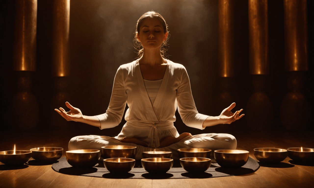 Golden harmonies surround peaceful meditation silence darkness