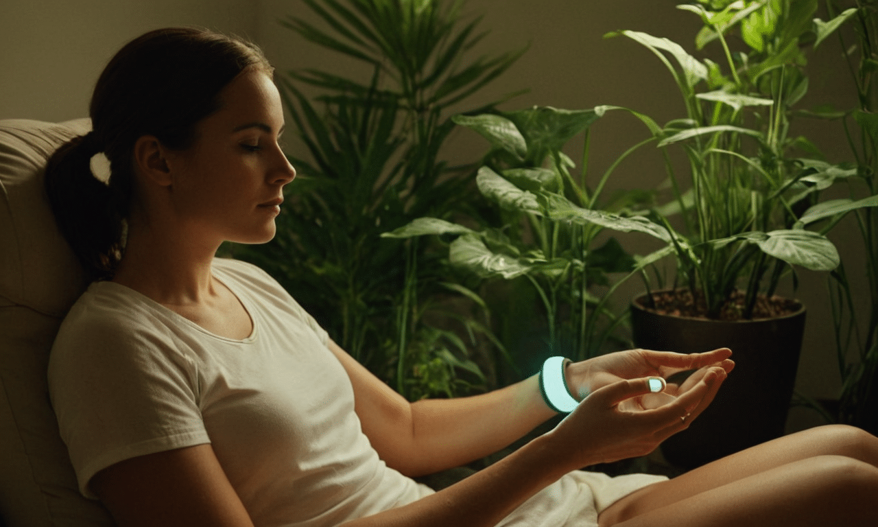 Person breathes calmly amidst greenery and soft light