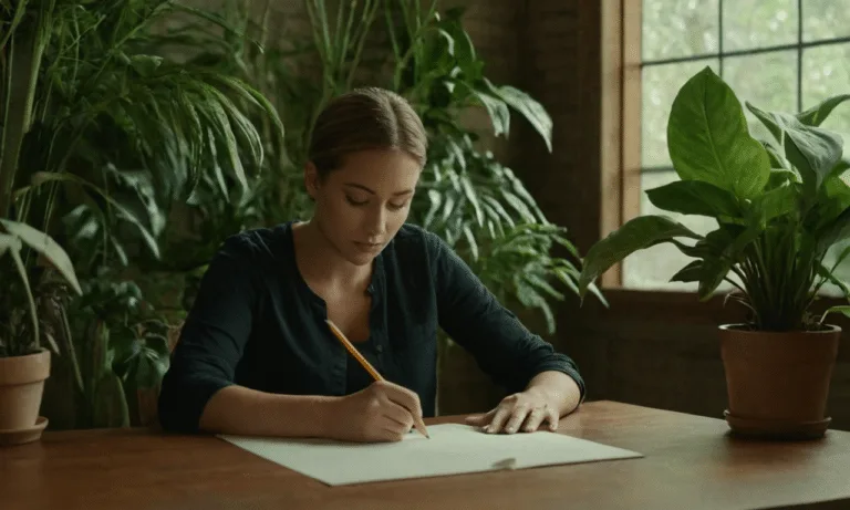 Person relaxes at wooden desk amidst lush greenery