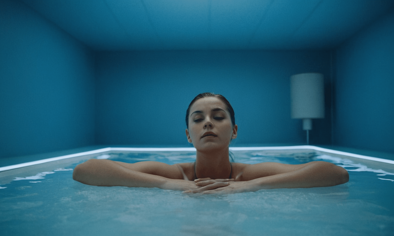 Person relaxes in blue-lit sensory deprivation chamber
