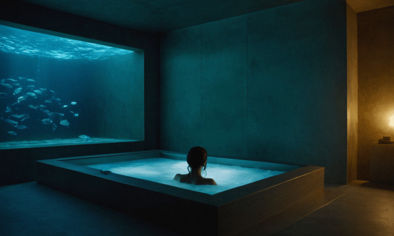 Person relaxes in glowing isolation tank with ocean view