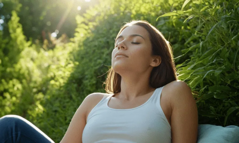 Person relaxes in serene natural surroundings peacefully