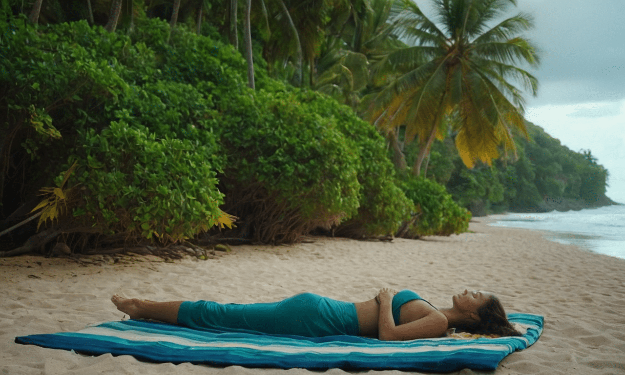 Person relaxes on beach amidst lush tropical surroundings